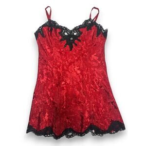 Vintage Victoria Secret Vintage Red Satin Jacquard Slip Dress Chemise Size Large